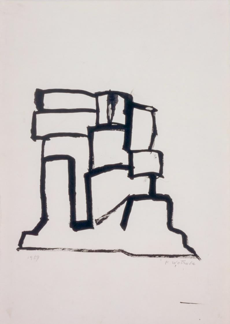 Fritz Wotruba, Figur im Block, 1959, Tusche, Pinsel auf Papier, Blattmaße: 42 × 29,8 cm, Belved…