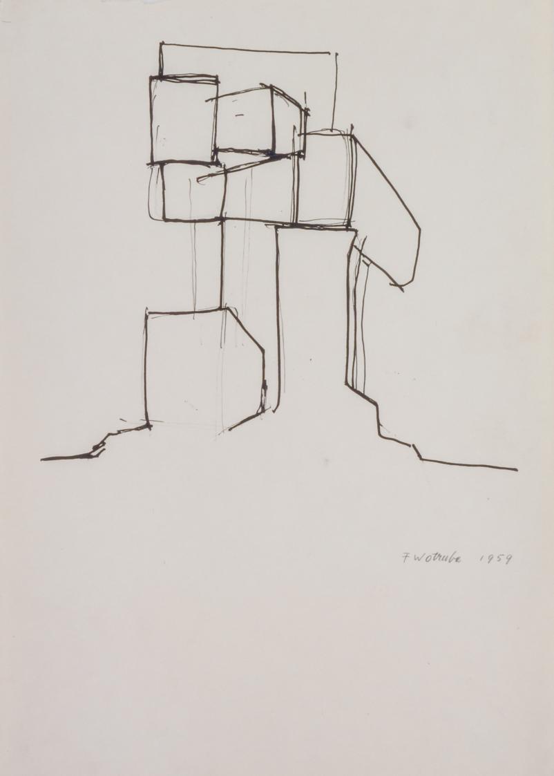 Fritz Wotruba, Figur im Block (Studie für einen Stein), 1959, Tusche, Feder auf Papier, Blattma…