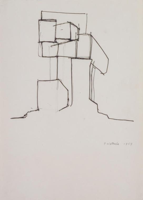 Fritz Wotruba, Figur im Block (Studie für einen Stein), 1959, Tusche, Feder auf Papier, Blattma…