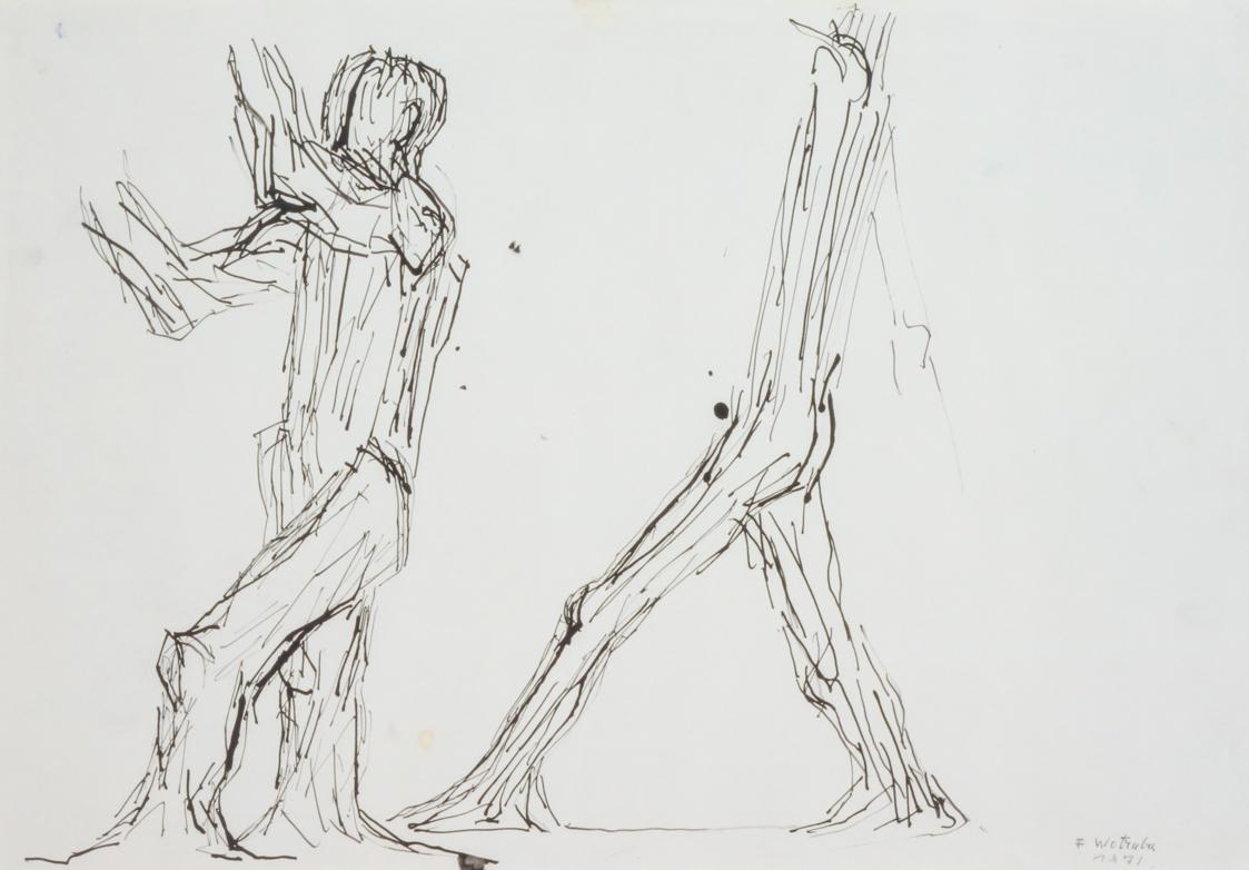 Fritz Wotruba, Zwei gehende Figuren, 1971, Tusche, Feder auf Papier, Blattmaße: 34 × 49 cm, Bel…