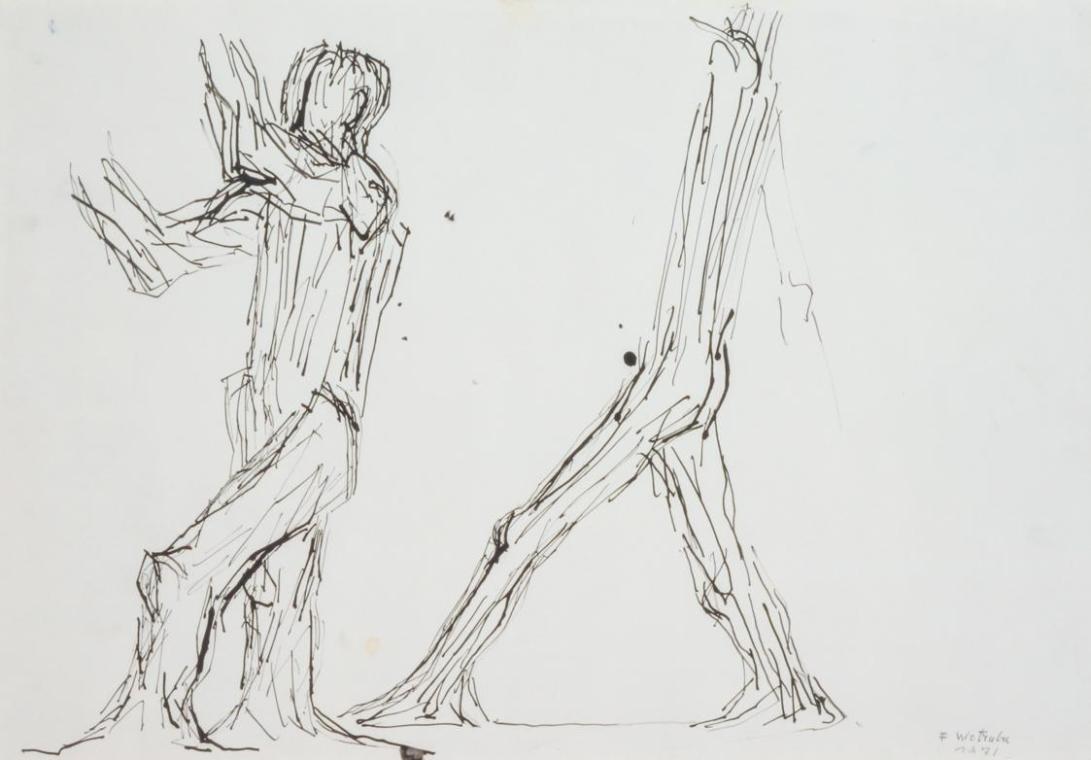 Fritz Wotruba, Zwei gehende Figuren, 1971, Tusche, Feder auf Papier, Blattmaße: 34 × 49 cm, Bel…