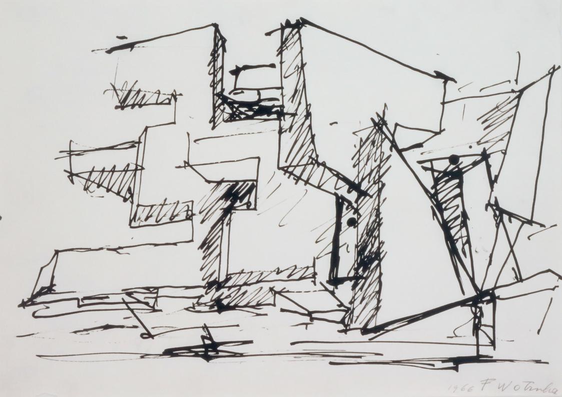 Fritz Wotruba, Skizze zu einer Architektur, 1966, Tusche, Feder auf Papier, Blattmaße: 29,7 × 4 ...