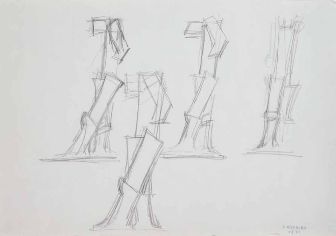 Fritz Wotruba, Vier Torsi, schreitend, 1971, Bleistift auf Papier, Blattmaße: 34 × 48,6 cm, Bel…