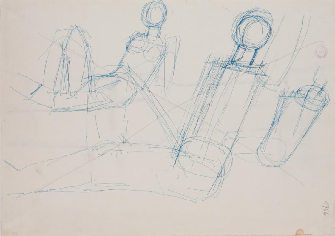 Fritz Wotruba, Liegende Figuren, 1956, Türkisfarbene Tinte, Feder, Bleistift auf Papier, Blattm…
