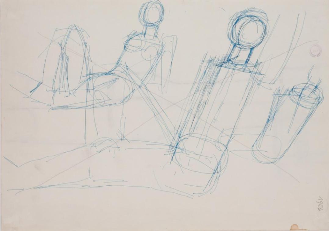 Fritz Wotruba, Liegende Figuren, 1956, Türkisfarbene Tinte, Feder, Bleistift auf Papier, Blattm…