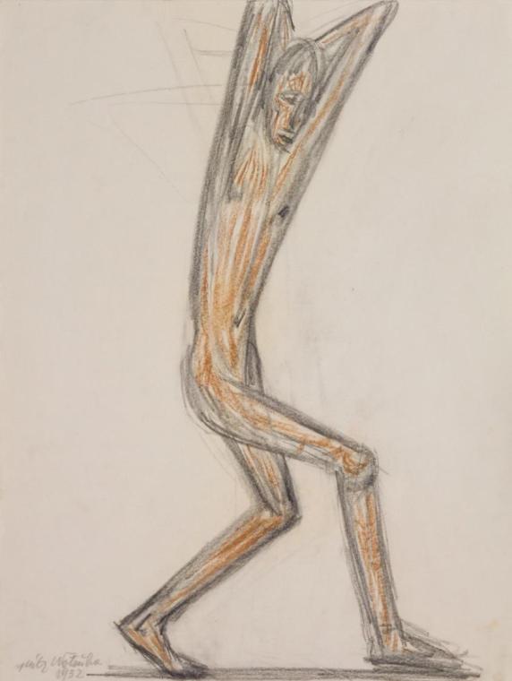 Fritz Wotruba, Jünglingsfigur, 1932, Bleistift, Kohlestift, brauner Buntstift auf Papier, Blatt ...