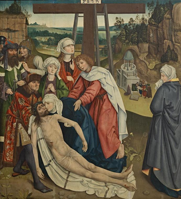Meister des Schottenaltars, Beweinung Christi, um 1470, Malerei auf Eichenholz, 87 x 80 cm, Bel…