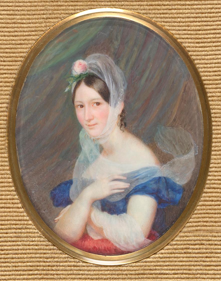 Franz Schrotzberg, BIldnis einer jungen Frau mit einer Rose im Haar, 1833, Elfenbein, 9,7 × 7,3…