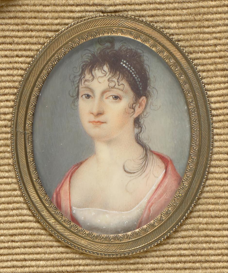 Zuschreibung an Augustin Théodule Ribot, Dame mit Stirnlocken und Locke auf Schulter, um 1805, …