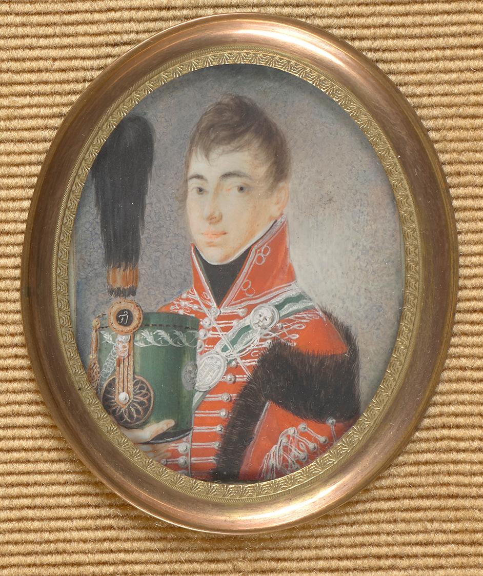 Unbekannter Künstler, Österreichischer Offizier mit Mütze und Federbusch in der Hand, um 1810, …