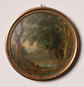 Unbekannter Künstler, Landschaft mit Bäumen an See, 18. Jahrhundert, Öl auf Metall, 6,2 × 6 cm,…