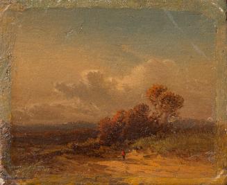 Eduard Schleich der Ältere, Sommerlandschaft mit Mann mit rotem Hut, um 1850, Öl auf Holz, 5,3 …