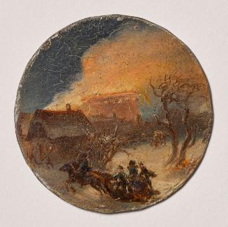 Unbekannter Künstler, Brennendes Haus und Pferdeschlitten, um 1860, Öl auf Metall, D: 4,6 cm, S…