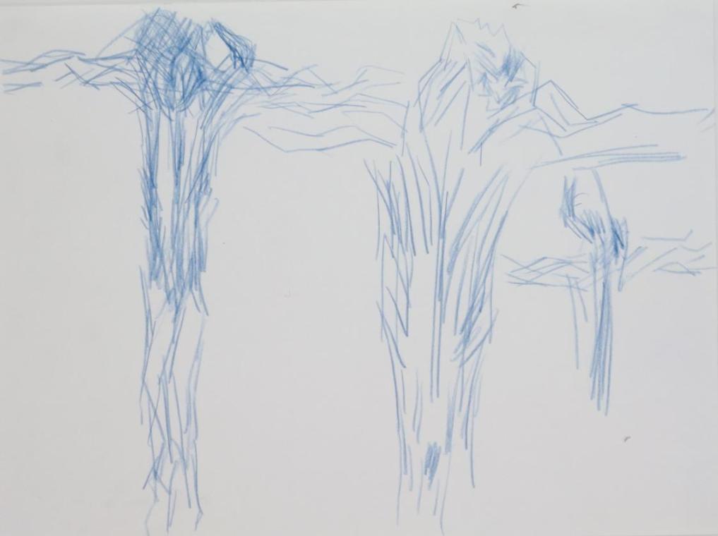 Fritz Wotruba, Studien für ein Kreuz, 1969, Blauer Bunststift auf Papier, 30 × 40 cm, Belvedere…