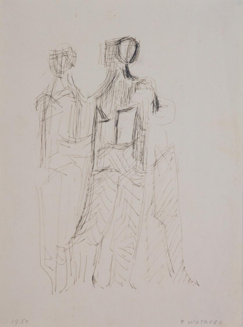 Fritz Wotruba, Zwei Figuren, 1950, Tusche mit Feder auf Papier, Blattmaße: 28,5 × 21,1 cm, Belv…