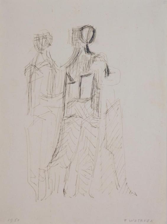 Fritz Wotruba, Zwei Figuren, 1950, Tusche mit Feder auf Papier, Blattmaße: 28,5 × 21,1 cm, Belv…