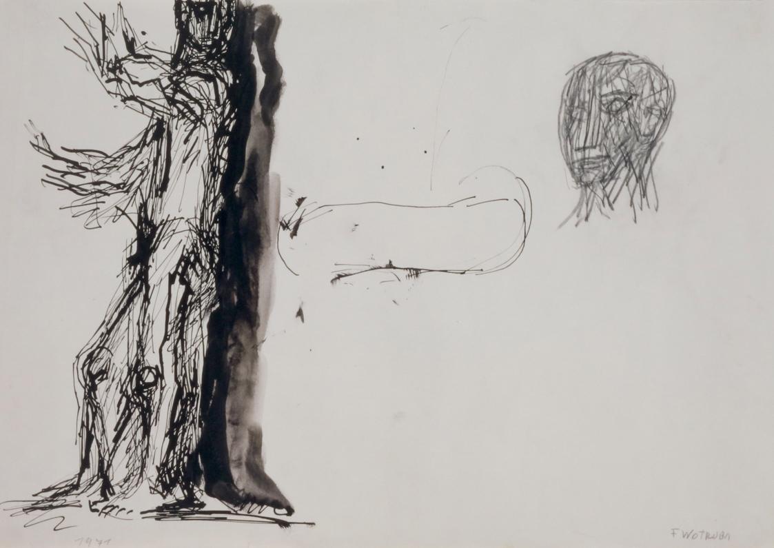 Fritz Wotruba, Ein Stehender und ein Kopf, 1971, Tusche mit Feder und Pinsel, laviert, über Ble…