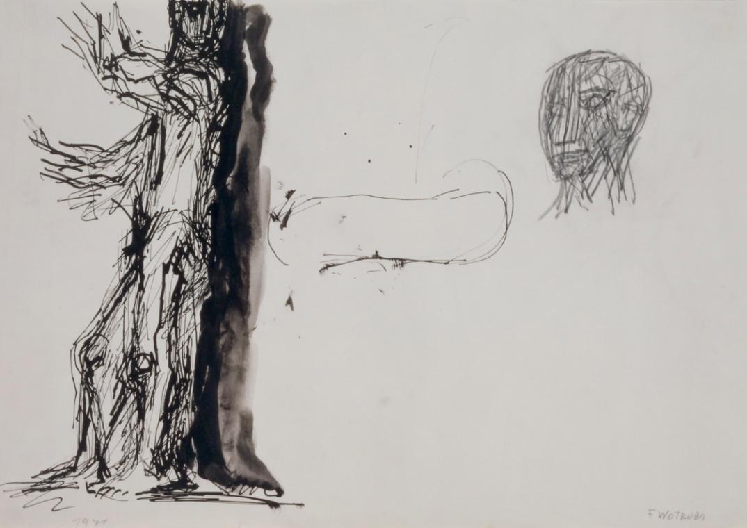 Fritz Wotruba, Ein Stehender und ein Kopf, 1971, Tusche mit Feder und Pinsel, laviert, über Ble…