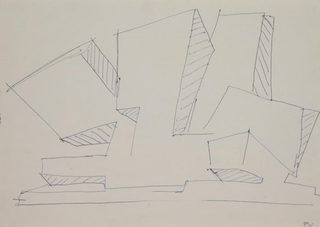 Fritz Wotruba, Skizze zu einer Architektur, 1966, Tinte mit Feder auf Papier, Blattmaße: 29,2 ×…