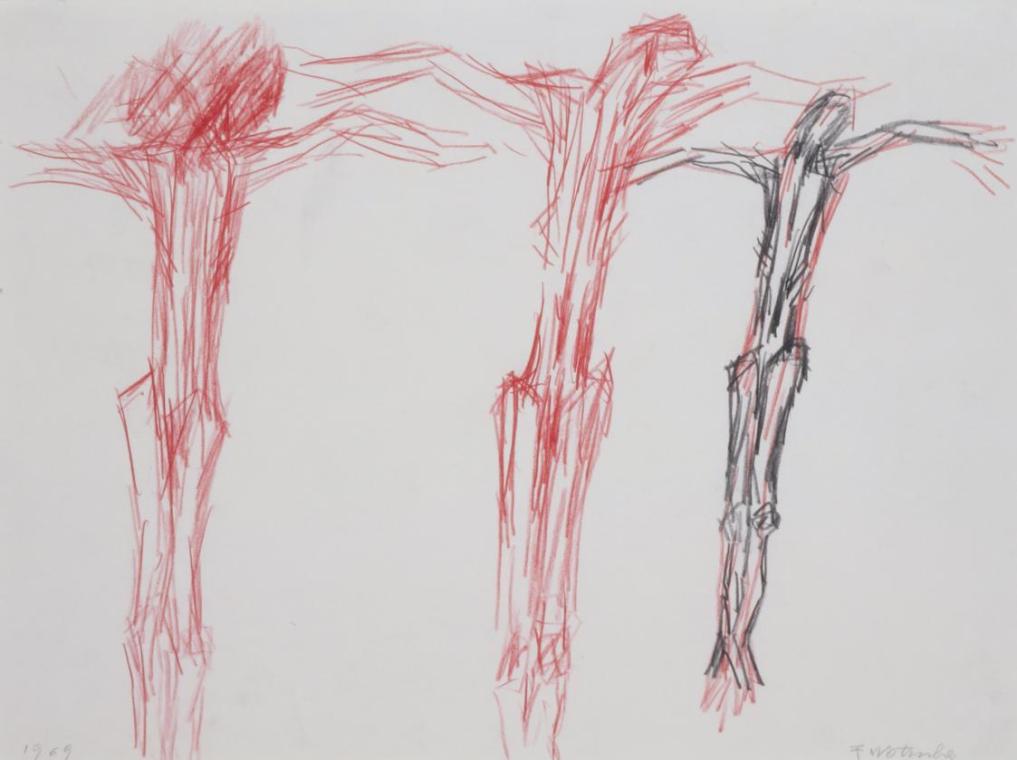 Fritz Wotruba, Studien für ein Kruzifix, 1969, Bleistift, Buntstift (rot) auf Papier, Blattmaße ...