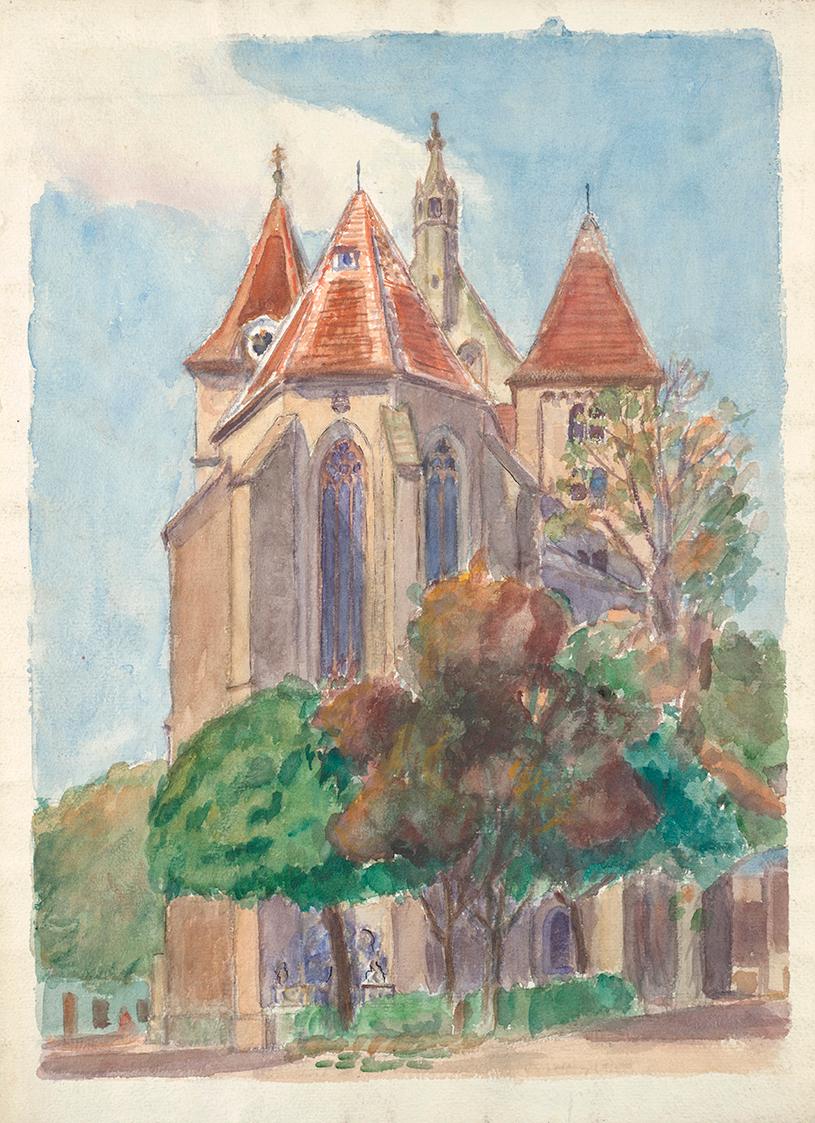 Walther Gamerith, Kirche mit gotischem Chor, 1917, Aquarell auf Papier, 39 × 28,5 cm, Belvedere…