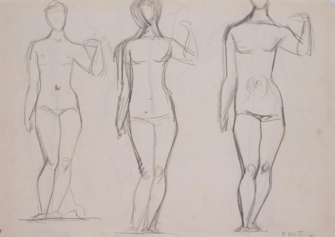 Fritz Wotruba, Drei weibliche Figuren, 1936/1937, Bleistift auf Papier, Blattmaße: 29,8 × 42,2 …
