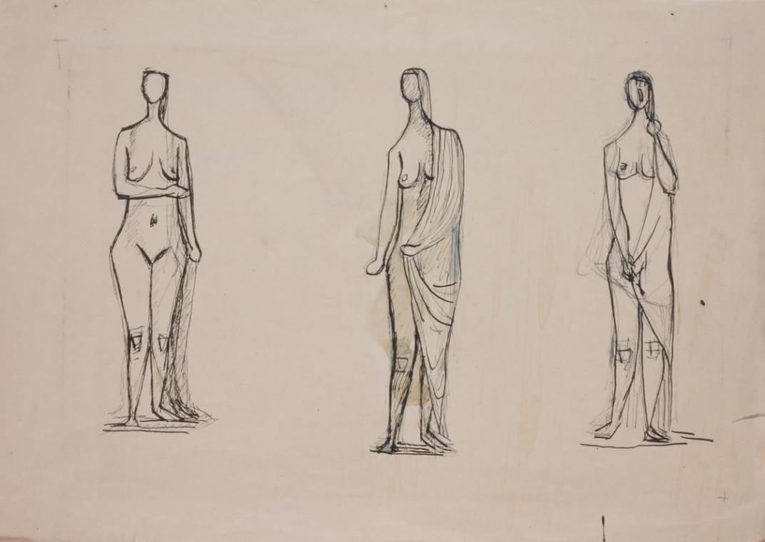 Fritz Wotruba, Verhüllte, 1946–1947, Tusche und Tinte mit Feder auf Papier
, Blattmaße: 43,3 ×…