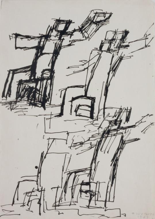 Fritz Wotruba, Studie für eine Figur, 1963, Tusche mit Feder auf Papier, Blattmaße: 42,8 × 29,7 ...