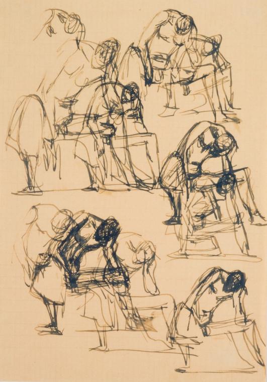 Fritz Wotruba, Mehrere Figuren, gebeugt, 1944, Tusche und Sepia-Tusche mit Feder auf Papier
, …