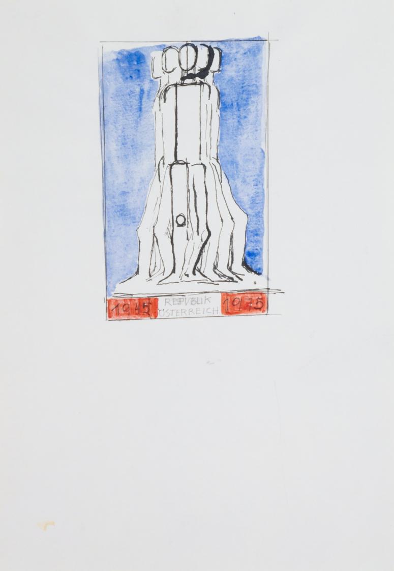 Fritz Wotruba, Entwurf für die 1975 edierte Sondermarke "30 Jahre Zweite Republik", 1974, Tusch…