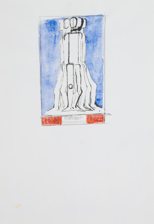 Fritz Wotruba, Entwurf für die 1975 edierte Sondermarke "30 Jahre Zweite Republik", 1974, Tusch…
