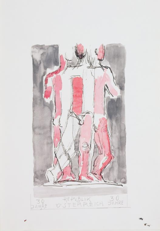 Fritz Wotruba, Entwurf für Sondermarke "30 Jahre Zweite Republik", 1974, Bleistift, Tusche mit …