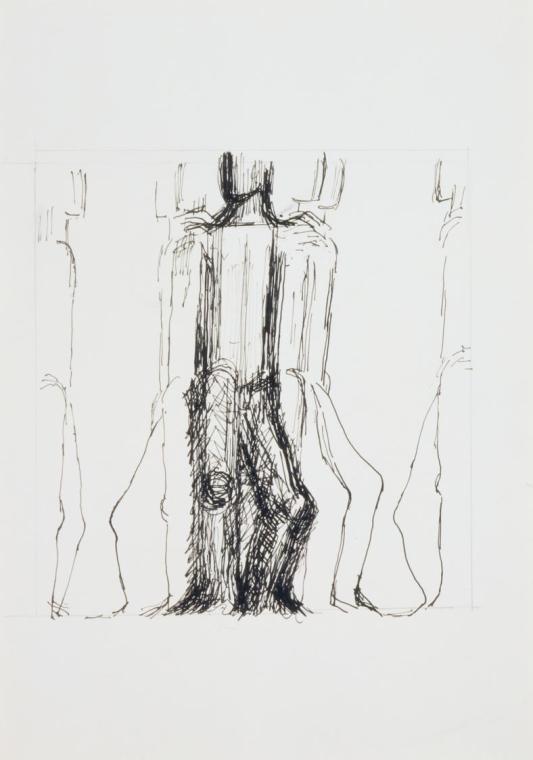 Fritz Wotruba, Entwurf für Sondermarke "30 Jahre Zweite Republik", 1974, Bleistift, Tusche mit …