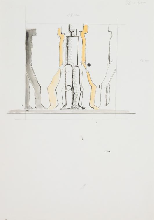 Fritz Wotruba, Entwurf für Sondermarke "30 Jahre Zweite Republik", 1974, Bleistift, Tusche mit …