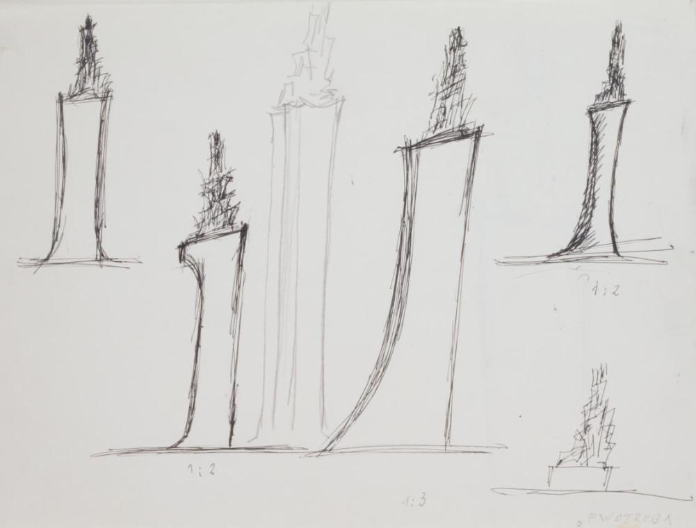 Fritz Wotruba, Entwürfe für das Denkmal für Richard Wagner in Mainz, 1969, Bleistift, schwarzer ...