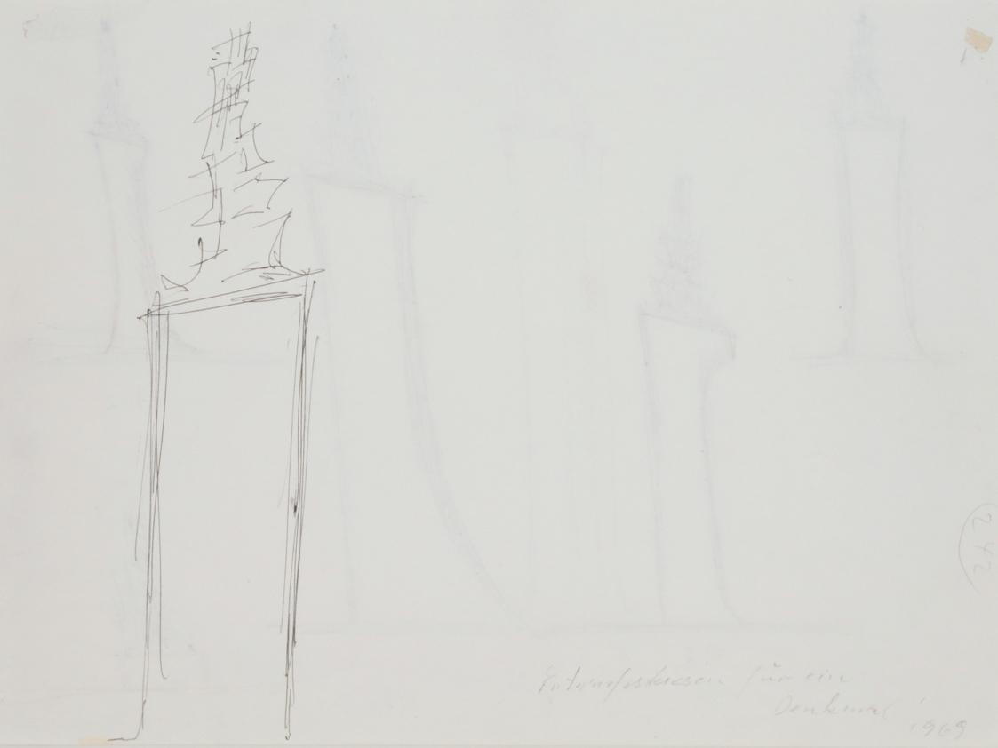 Fritz Wotruba, Entwurf für das Denkmal für Richard Wagner in Mainz, 1969, Bleistift, schwarzer …