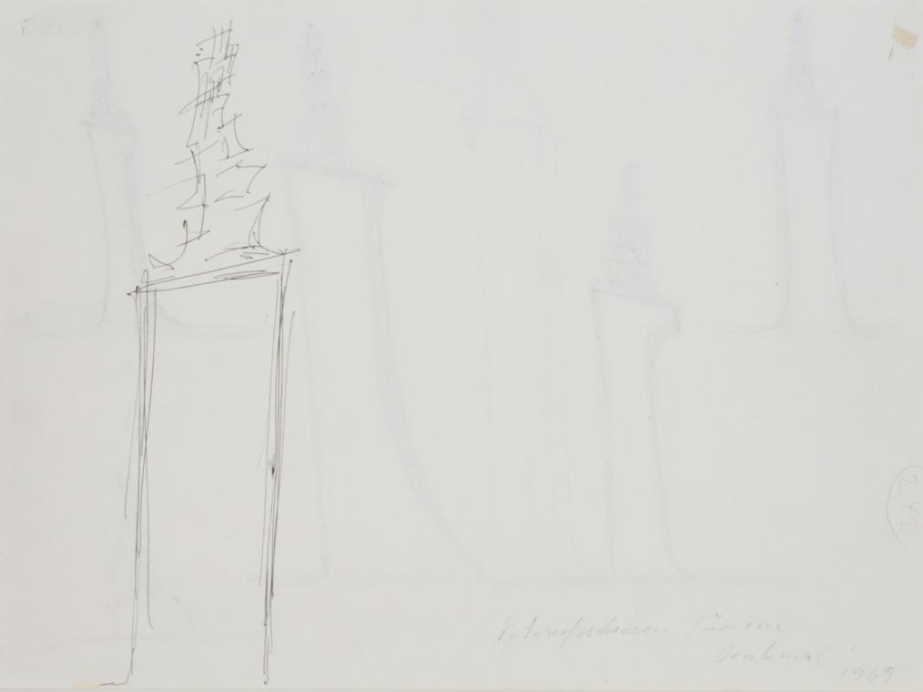 Fritz Wotruba, Entwurf für das Denkmal für Richard Wagner in Mainz, 1969, Bleistift, schwarzer …