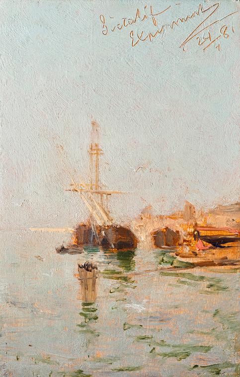 August von Pettenkofen, Studie aus Venedig mit Schiff, 1881, Öl auf Holz, 16,5 x 10,5 cm, Belve…