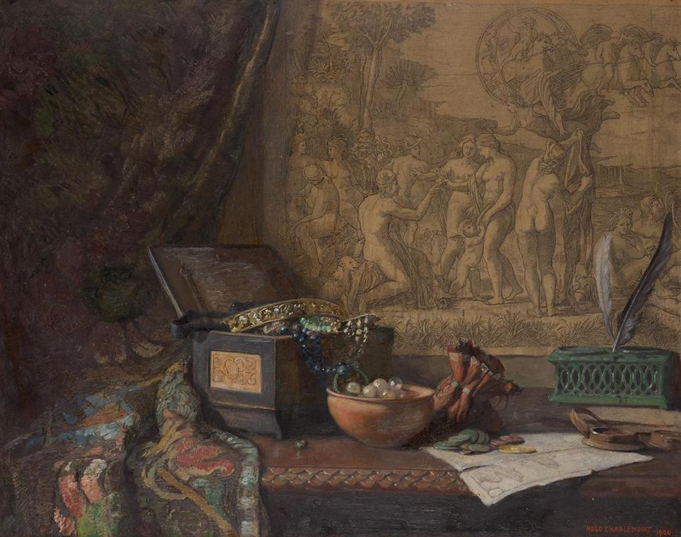Hugo Charlemont, Stillleben mit Parisurteil, 1920, Öl und Bleistift auf Karton, 49,5 × 62 cm, B…