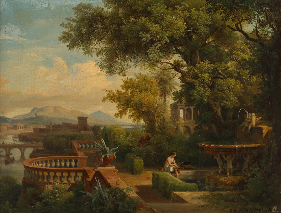Károly Markó, Landschaft mit Susanna und den beiden Alten, 1851, Öl auf Leinwand, 23 × 30,5 cm,…