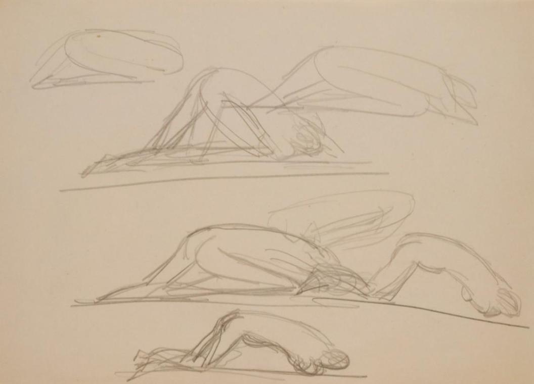 Fritz Wotruba, Mehrere Figuren, kauernd, undatiert, Bleistift auf Papier
, Blattmaße: 21 × 29,…