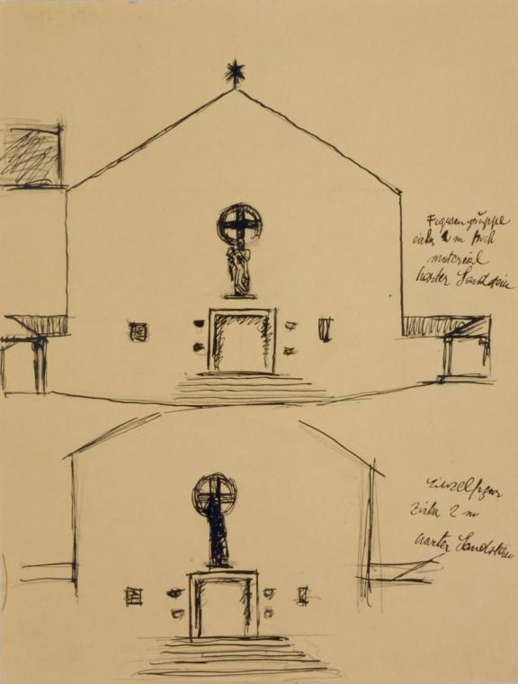 Fritz Wotruba, Entwurf für eine skulpturale Kirchenausstattung, 1933, Tusche mit Feder über Ble…