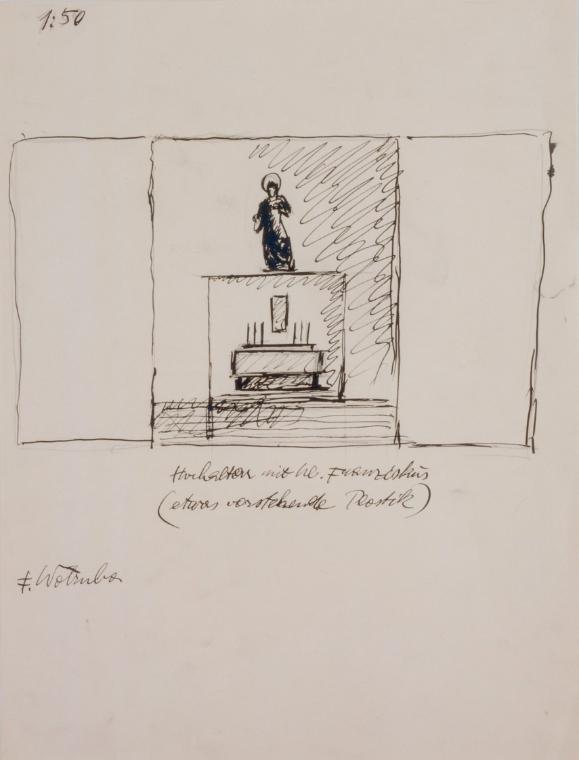 Fritz Wotruba, Entwurf für eine skulpturale Kirchenausstattung, 1933, Tusche mit Feder über Ble…