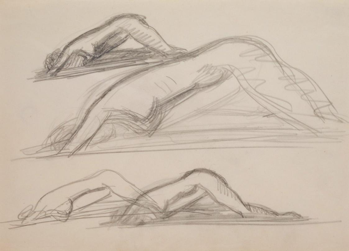 Fritz Wotruba, Vier weibliche Figuren, kauernd, 1943, Bleistift auf Papier
, Blattmaße: 29,2 ×…