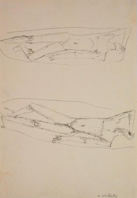 Fritz Wotruba, Zwei männliche Figuren, 1943, Tusche mit Feder auf Papier, Blattmaße: 28,8 × 41,…