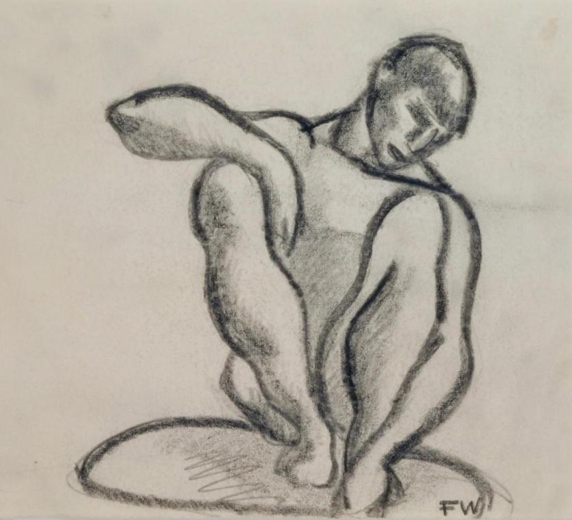 Fritz Wotruba, Jünglingsfigur, hockend, undatiert, Bleistift auf Papier
, Blattmaße: 17,3 × 19…