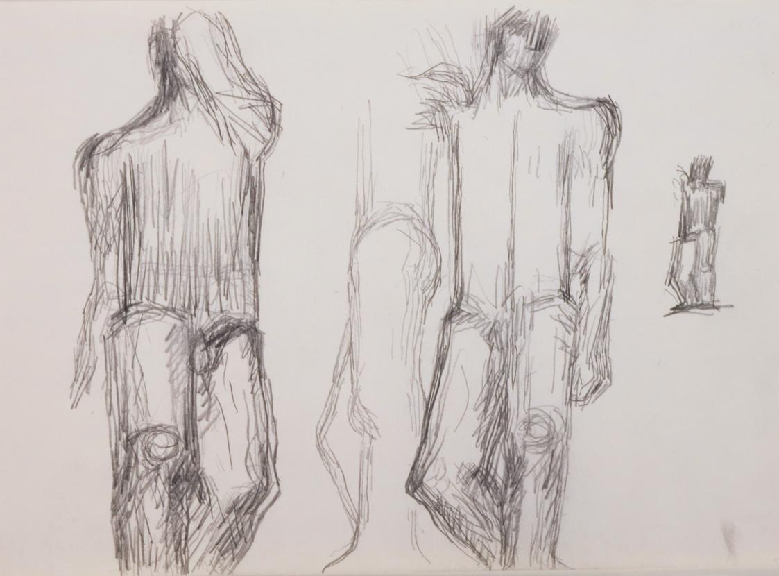 Fritz Wotruba, Drei Figuren und ein Torso, 1974–1975, Bleistift auf Papier
, Blattmaße: 24 × 3 ...