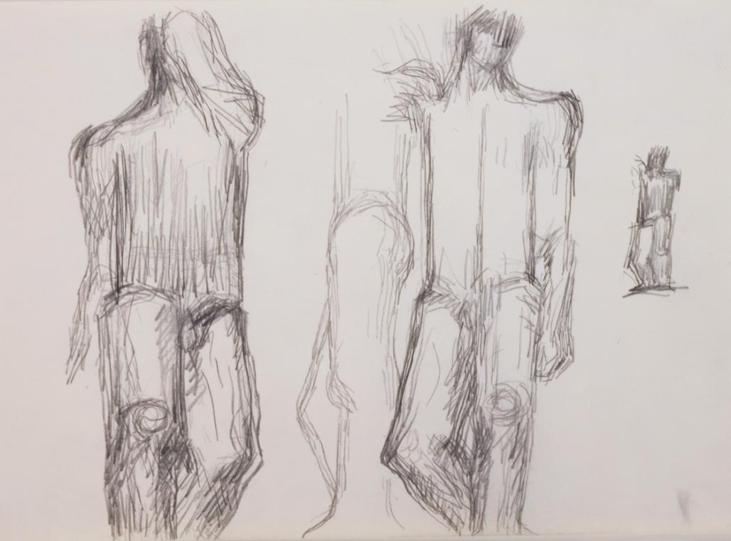 Fritz Wotruba, Drei Figuren und ein Torso, 1974–1975, Bleistift auf Papier
, Blattmaße: 24 × 3…