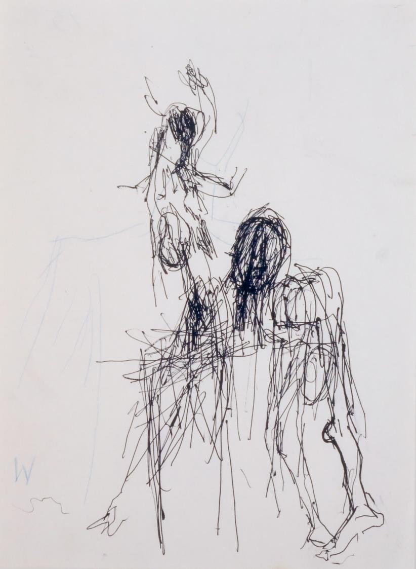 Fritz Wotruba, Figurenskizzen, undatiert, Kugelschreiber (schwarz), Buntstift (blau) auf Papier…