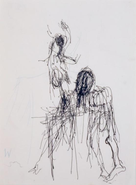 Fritz Wotruba, Figurenskizzen, undatiert, Kugelschreiber (schwarz), Buntstift (blau) auf Papier…